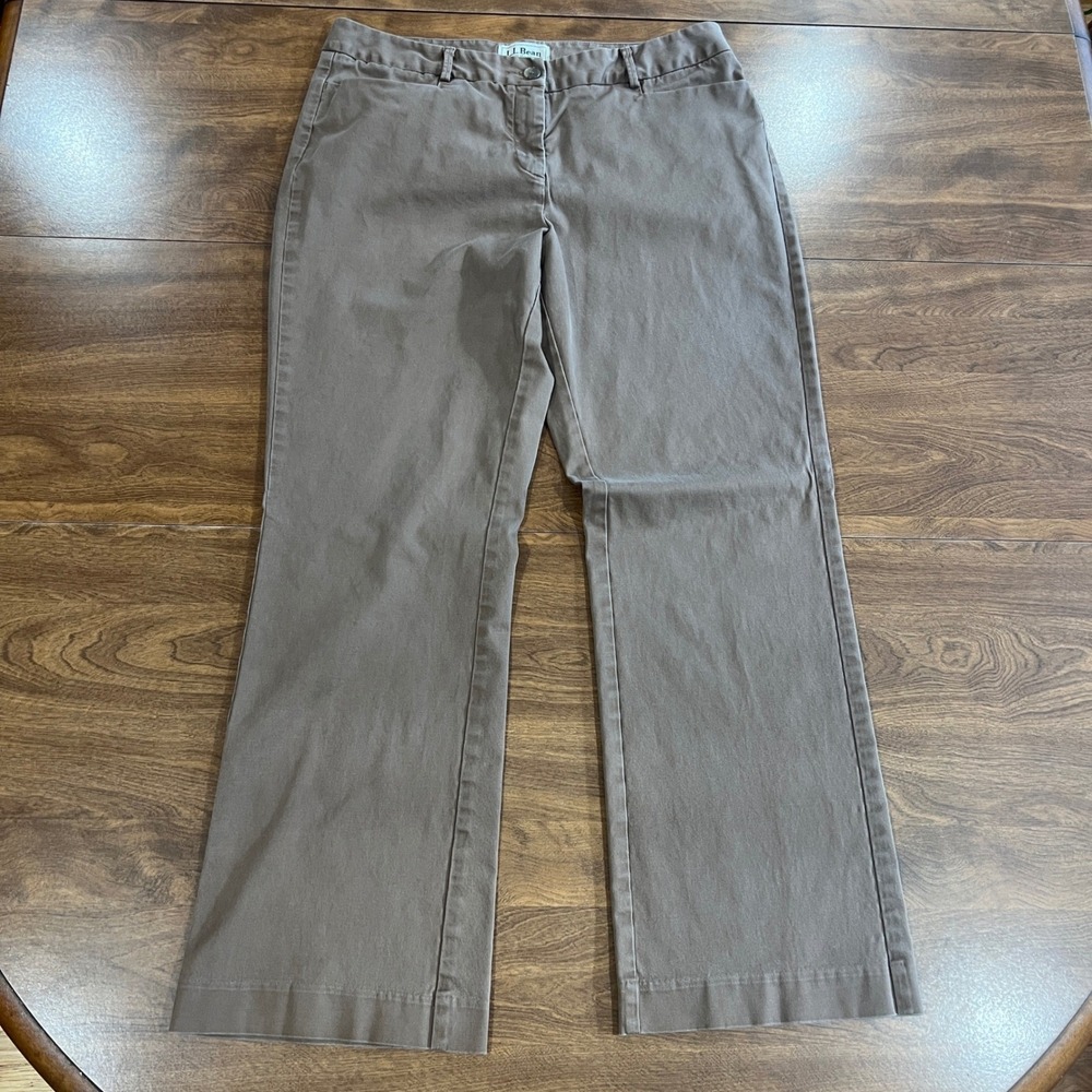 LL Bean Favorite Fit Straight Leg Pants Brown Taupe Cotton Stretch 14 Reg
